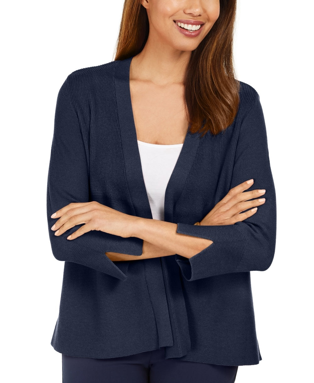 JM Collection Women's Mixed Ribbed Split Sleeve Cardigan Blue Size Small