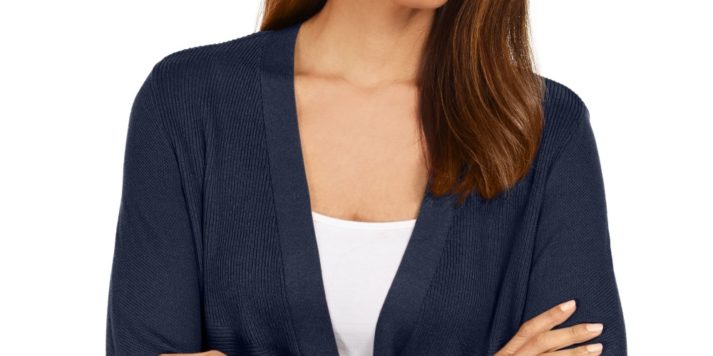 JM Collection Women's Mixed Ribbed Split Sleeve Cardigan Blue Size Small