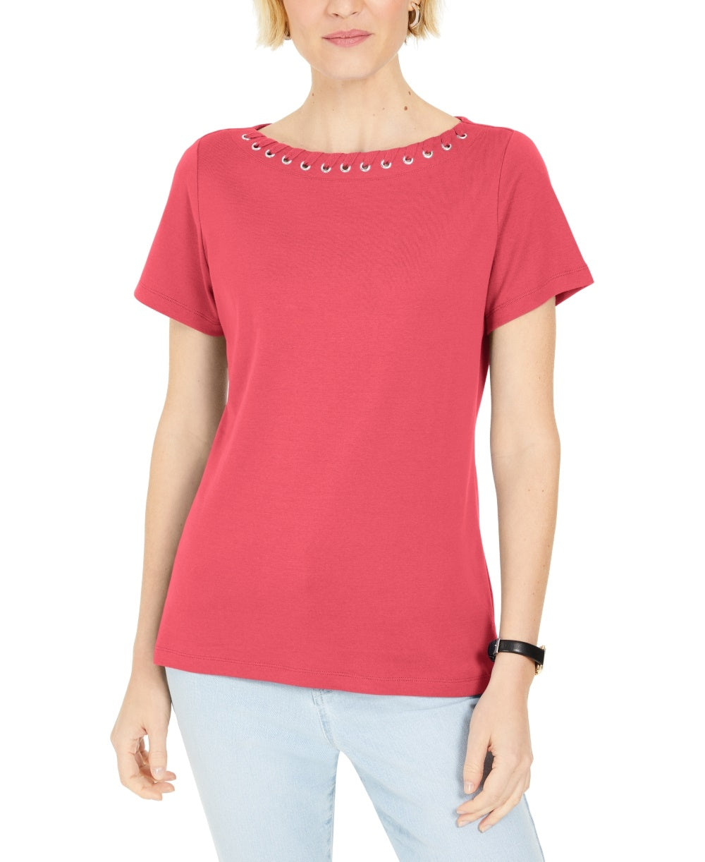Karen Scott Women's Grommet-Trim Top Orange Size Small