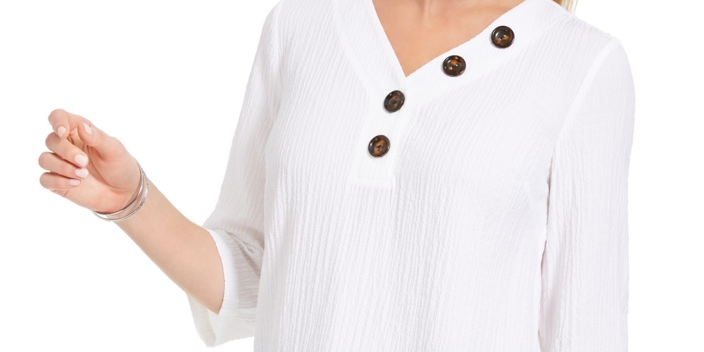 JM Collection Women's Crinkle Button Neck Top White Size Small