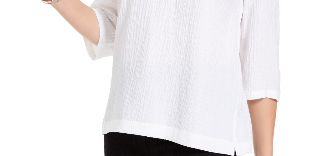 JM Collection Women's Crinkle Button Neck Top White Size Small