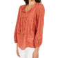 Style & Co Women's Eyelet Tassele Blouse Brown Size X-Small