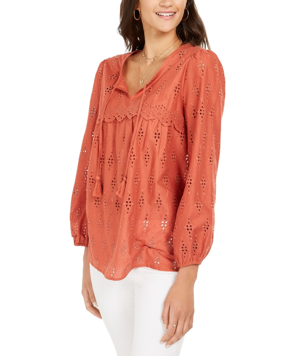 Style & Co Women's Eyelet Tassele Blouse Brown Size X-Small