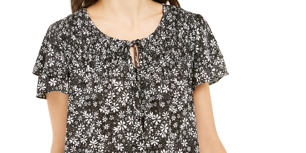 Style & Co Women's Smocked Split Neck Top Black Size Small