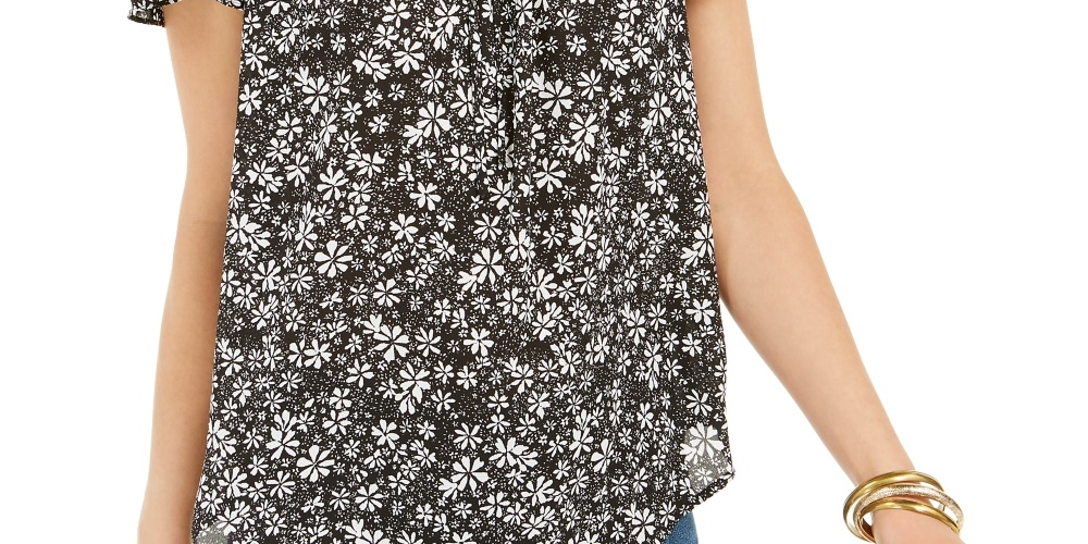 Style & Co Women's Smocked Split Neck Top Black Size Small