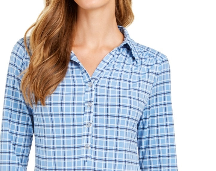 Charter Club Women's 3/4 Sleeve Printed Polo Top Blue Size Small