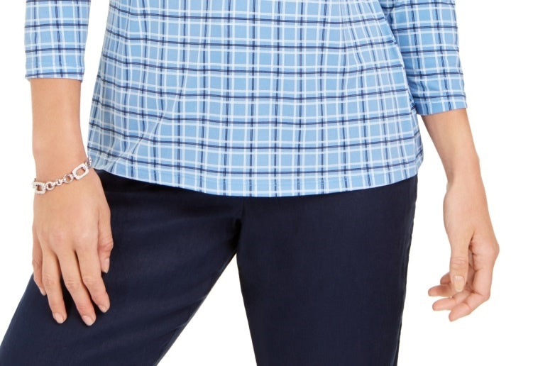 Charter Club Women's 3/4 Sleeve Printed Polo Top Blue Size Small