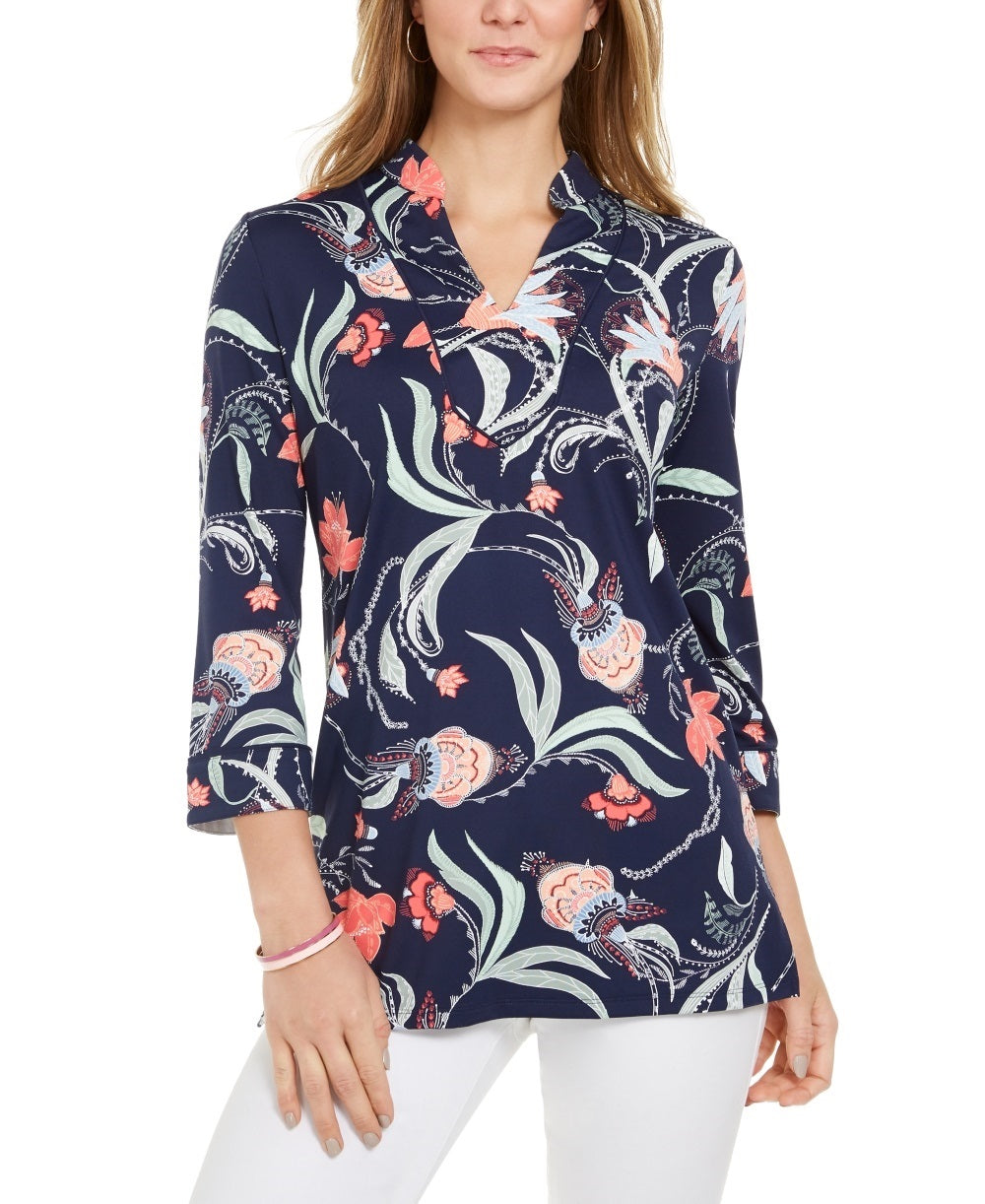 Charter Club Women's Knit 3/4 Sleeve Paisley Tunic Top Blue Size XX-Large