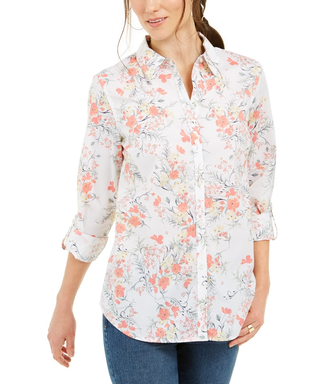 Charter Club Women's Cotton Floral Print Shirt White Size Small