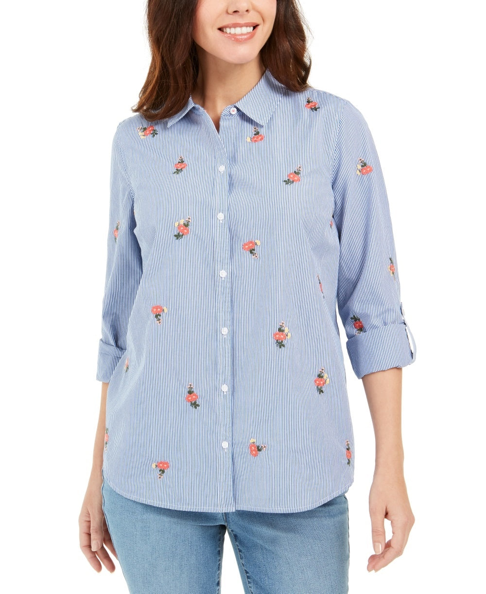 Charter Club Women's Printed Woven Shirt White Size Medium