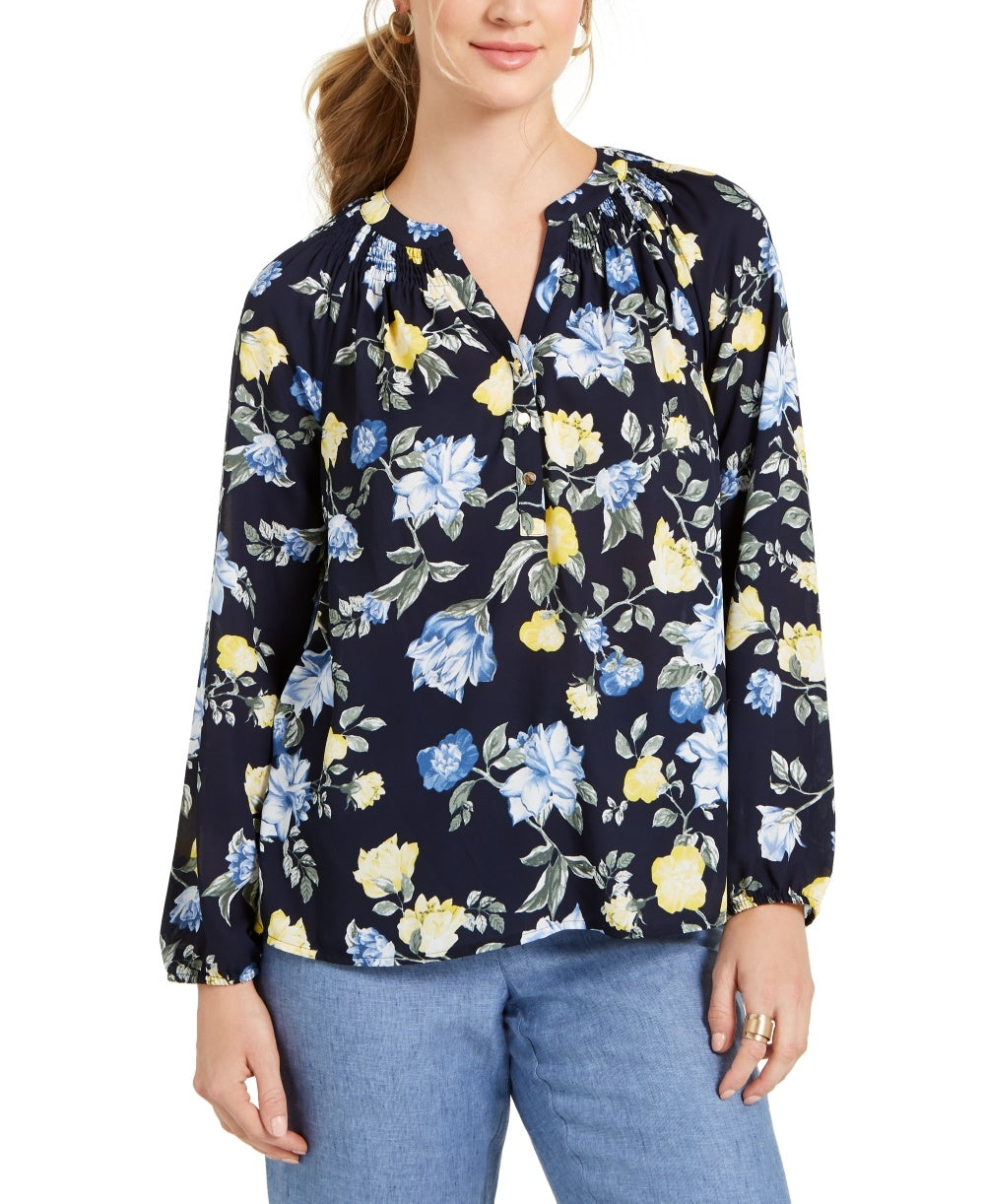 Charter Club Women's Floral Print Georgette Blouse Blue Size Large