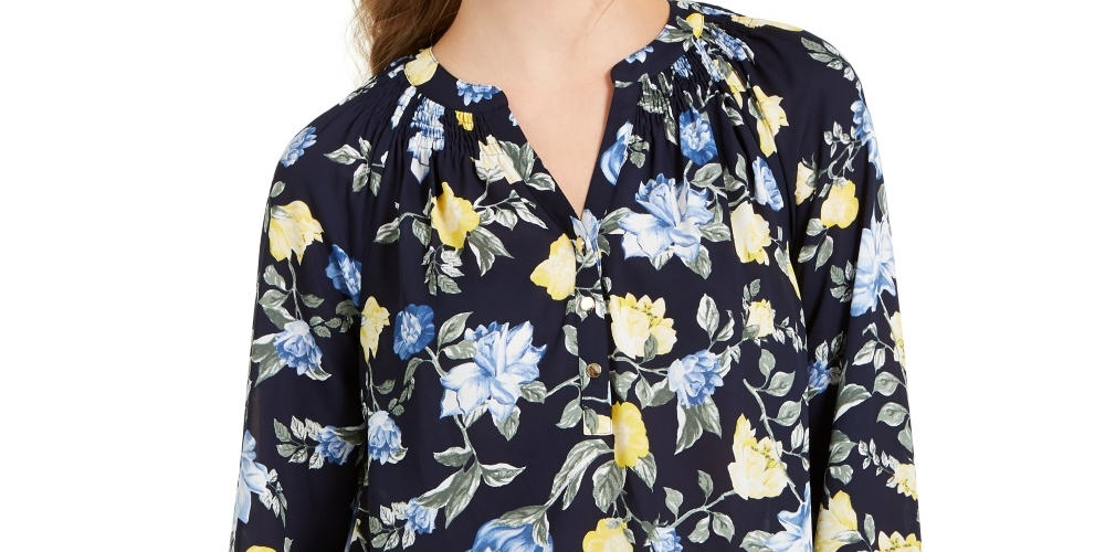 Charter Club Women's Floral Print Georgette Blouse Blue Size Large
