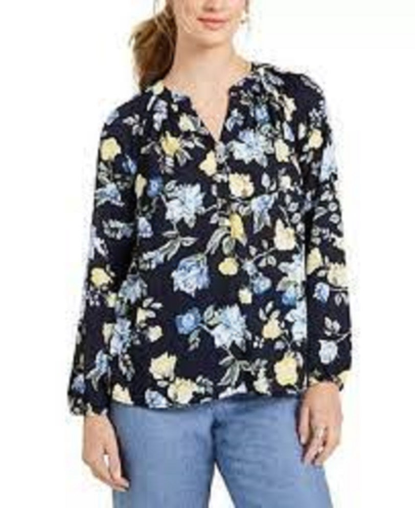 Charter Club Women's Floral Print Georgette Blouse  Blue Size Small