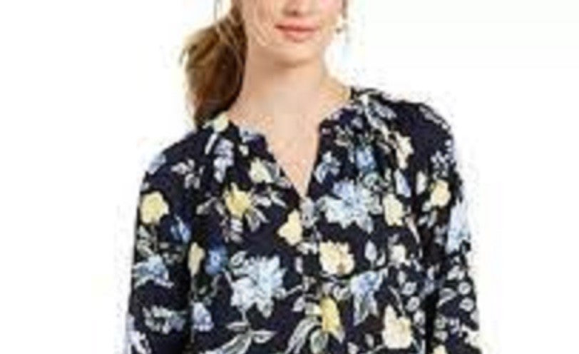 Charter Club Women's Floral Print Georgette Blouse  Blue Size Small