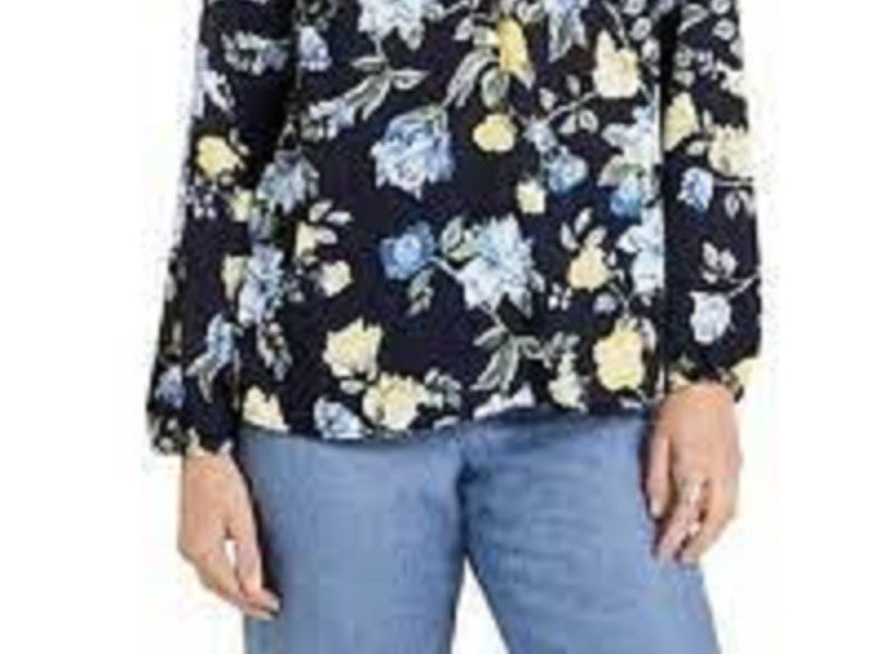 Charter Club Women's Floral Print Georgette Blouse  Blue Size Small