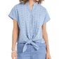 Charter Club Women's Cotton Embroidered Tie-Front Shirt Blue Size Medium