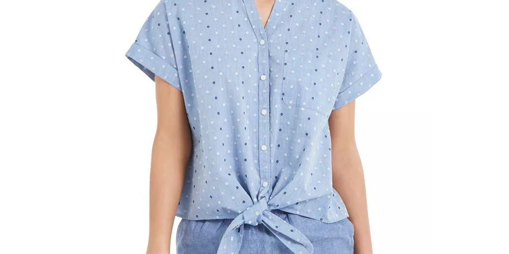 Charter Club Women's Cotton Embroidered Tie-Front Shirt Blue Size Medium