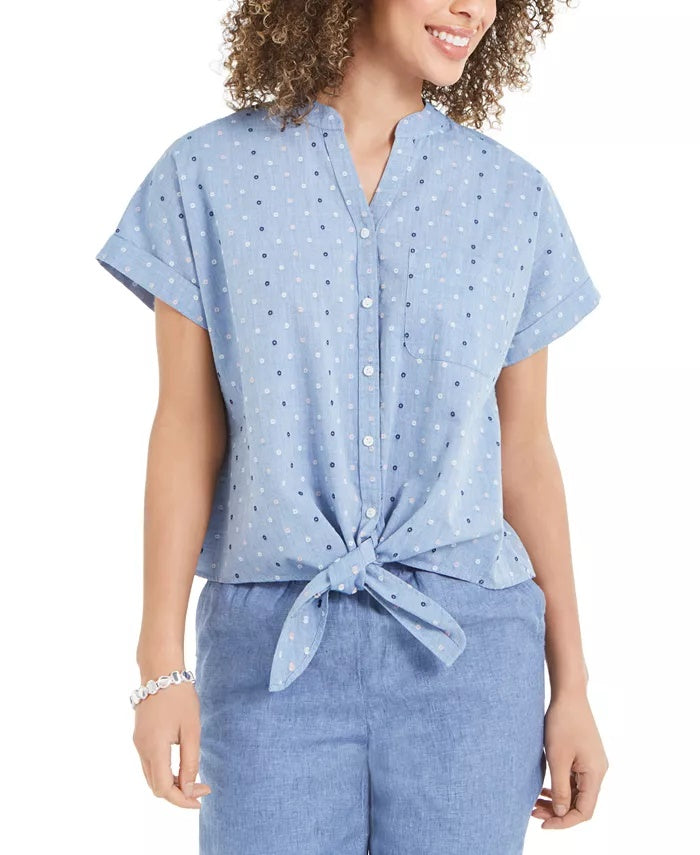 Charter Club Women's Cotton Embroidered Tie Front Shirt Blue Size X-Large