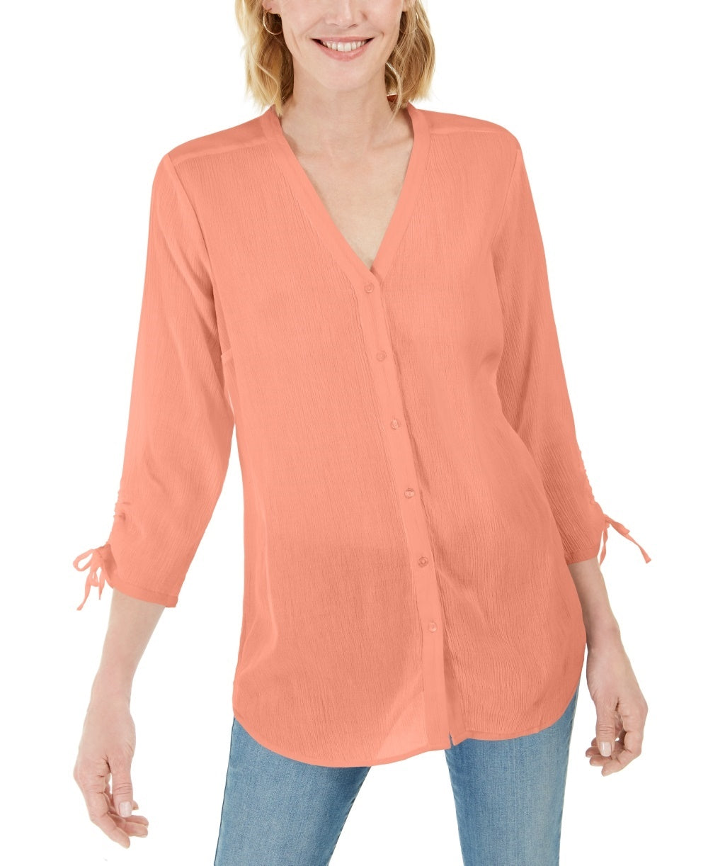 Charter Club Women's Gauzy Tie-Sleeve Blouse  Med Pink Size Large