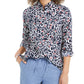 Charter Club Women's Floral-Print Tab-Sleeve Linen-Blend Shirt Blue Size Medium