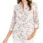 Charter Club Women's Floral-Print Tab-Sleeve Linen-Blend Shirt White Size X-Small