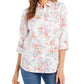 Charter Club Women's Printed Roll Sleeve Button Front Linen Blend Shirt White Size Small
