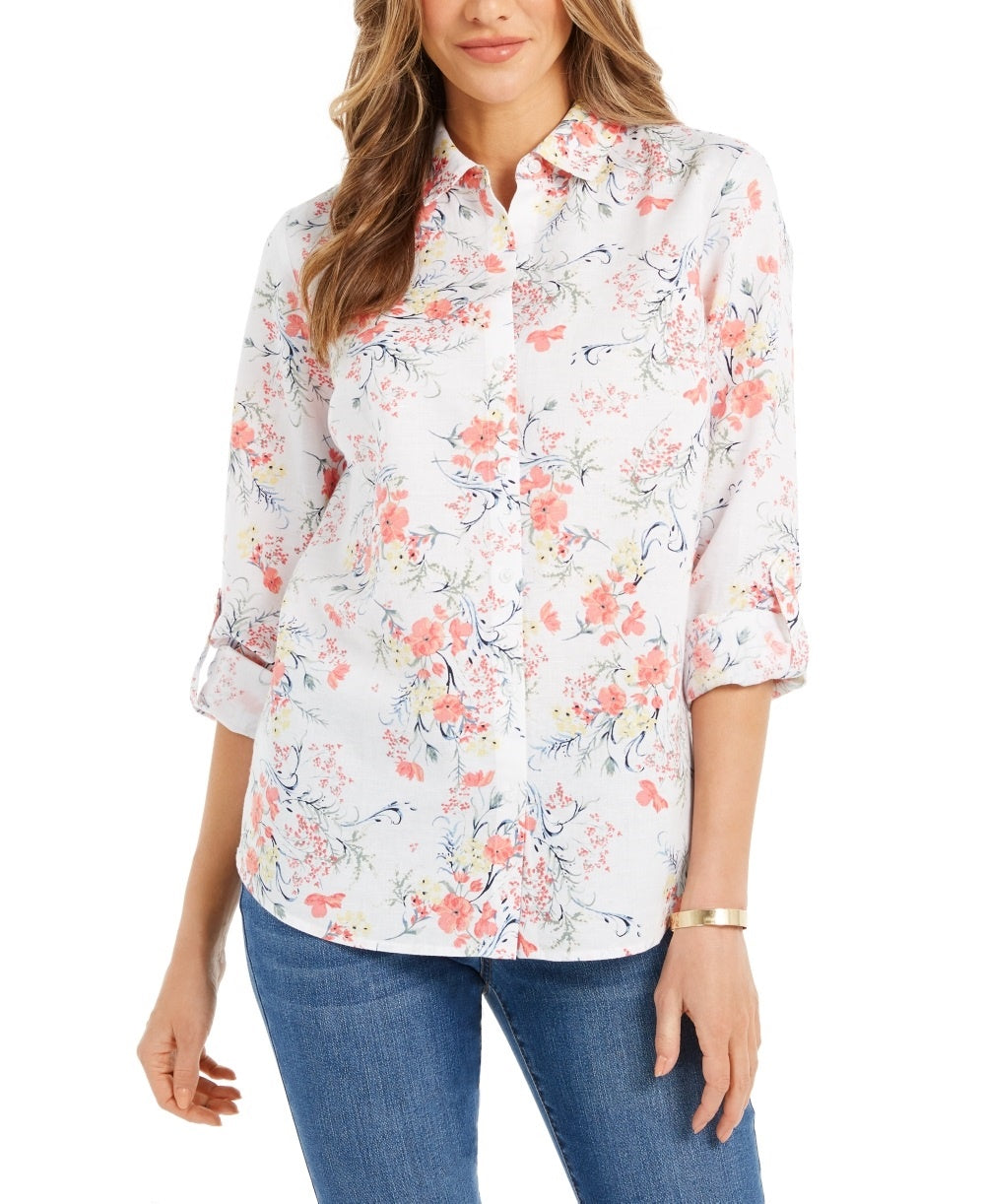 Charter Club Women's Printed Roll Sleeve Button Front Linen Blend Shirt White Size Small
