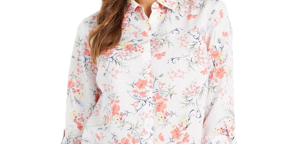 Charter Club Women's Printed Roll Sleeve Button Front Linen Blend Shirt White Size Small