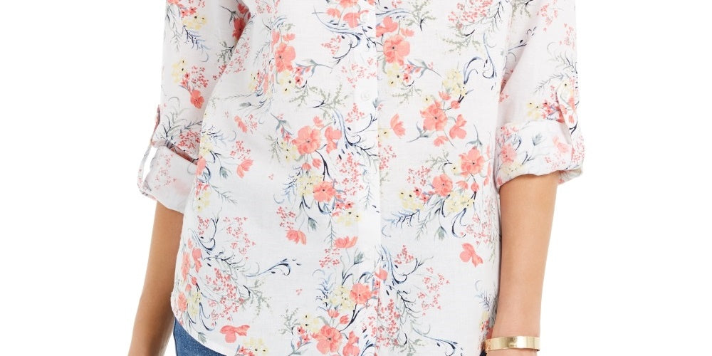 Charter Club Women's Printed Roll Sleeve Button Front Linen Blend Shirt White Size Small