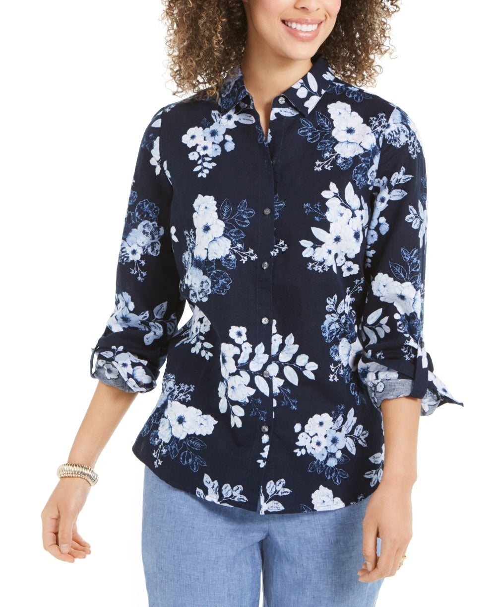Charter Club Women's Floral Print Linen Blend Shirt Blue Size XX-Large