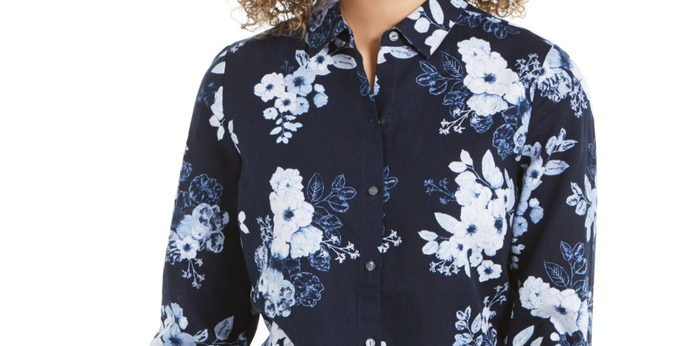 Charter Club Women's Floral Print Linen Blend Shirt Blue Size XX-Large
