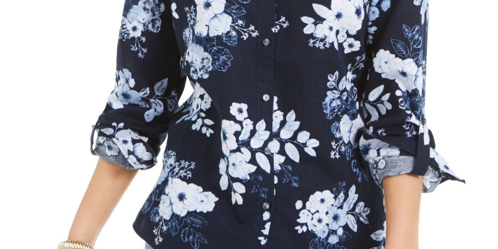 Charter Club Women's Floral Print Linen Blend Shirt Blue Size XX-Large