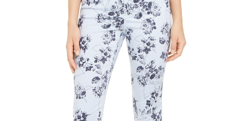 Charter Club Women's Striped Floral Printed Bristol Skinny Ankle Pants Blue Size 6