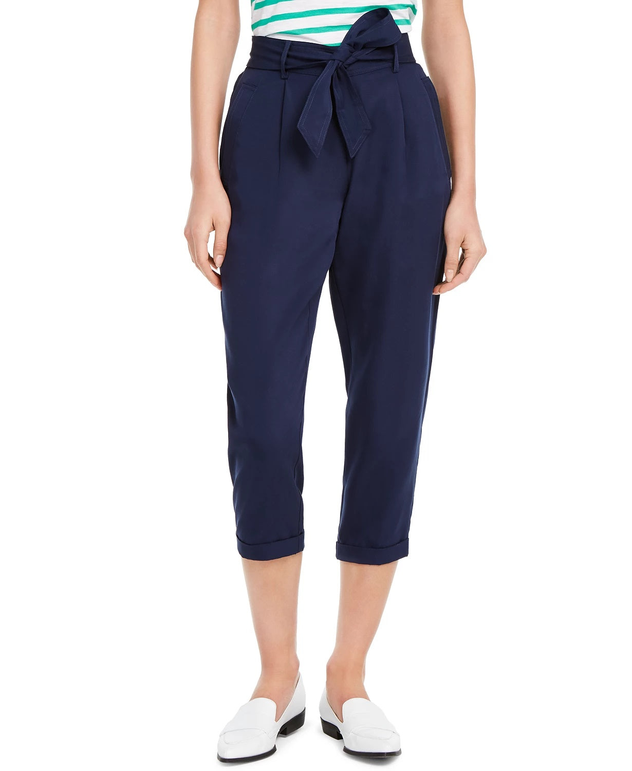 Maison Jules Women's Cropped Paperbag Pants Navy Size Medium