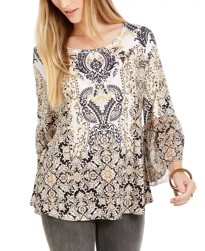 Style & Co Women's Printed Flutter-Sleeve Top Navy Size Medium
