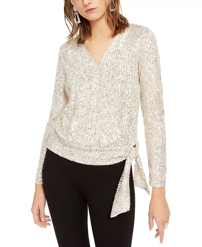 INC International Concepts Women's Petite Sequin Surplice Top Silver Size Petite