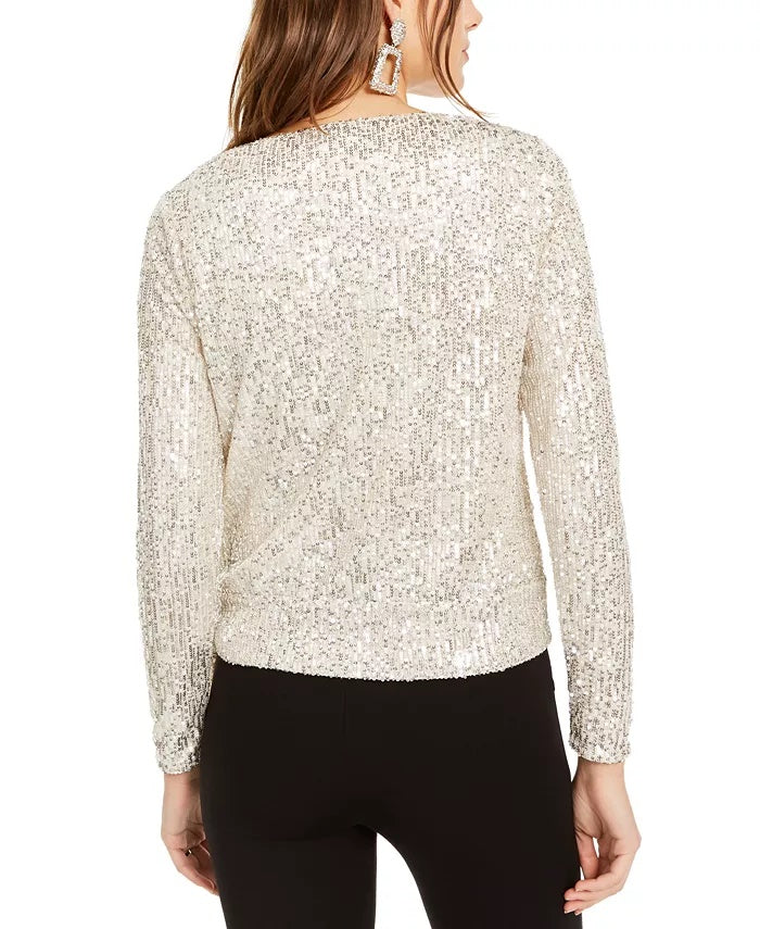 INC International Concepts Women's Petite Sequin Surplice Top Silver Size Petite