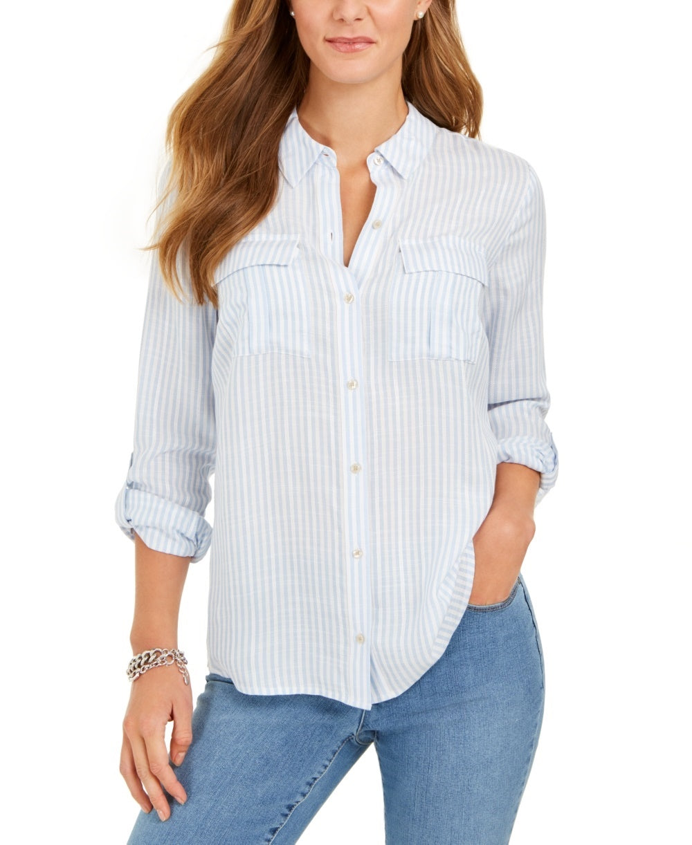 Charter Club Women's Striped Textured Button-Down Top Blue Size X-Small
