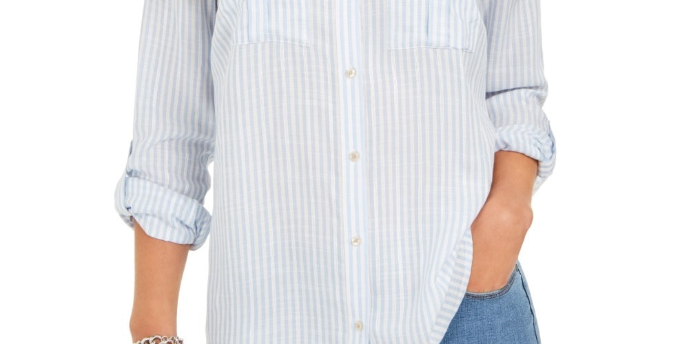 Charter Club Women's Striped Textured Button-Down Top Blue Size X-Small