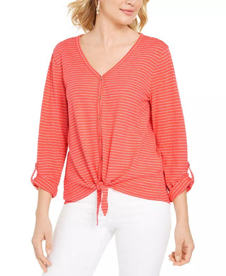 Style & Co Women's Striped Tie-Front Top Bright Orange Size X-Large