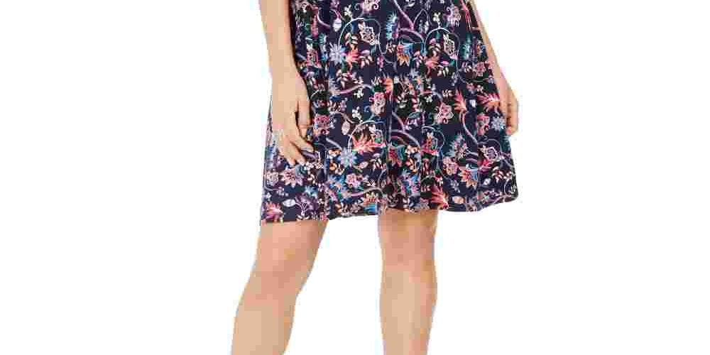 Style & Co Women's Printed Cold Shoulder Swing Dress Navy Size Large