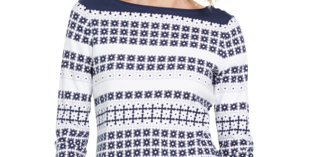 Charter Club Women's Supima Cotton Star Striped Top  Blue Size X-Small