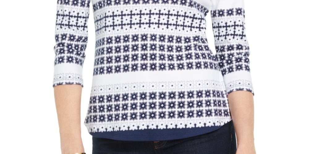 Charter Club Women's Supima Cotton Star Striped Top  Blue Size X-Small