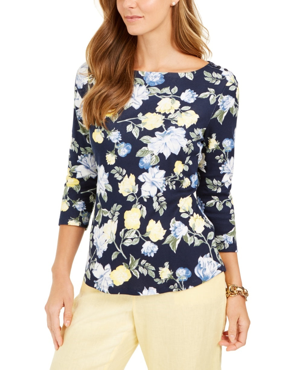 Charter Club Women's Floral-Print Boat-Neck Pima Cotton Top Blue Size Medium