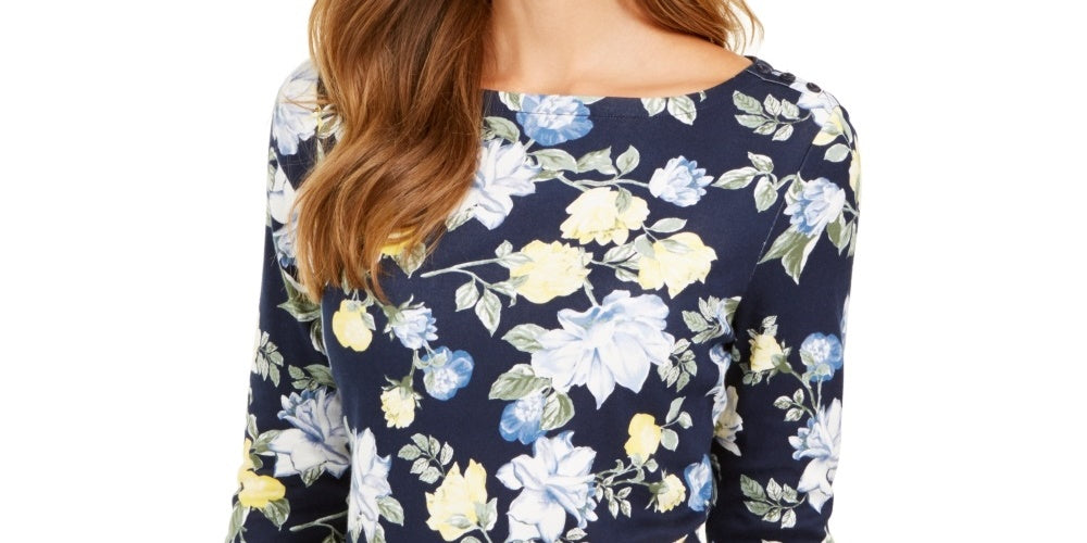Charter Club Women's Floral-Print Boat-Neck Pima Cotton Top Blue Size Medium