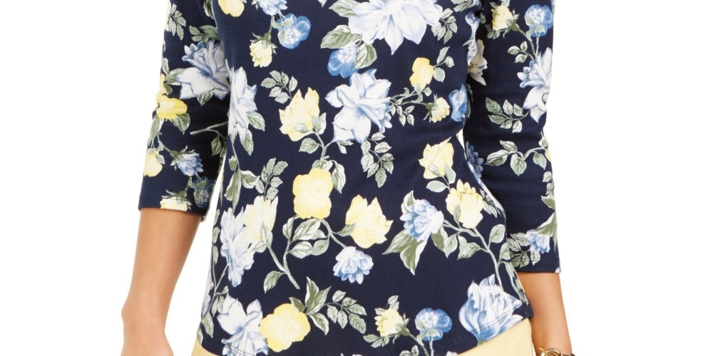 Charter Club Women's Floral-Print Boat-Neck Pima Cotton Top Blue Size Medium