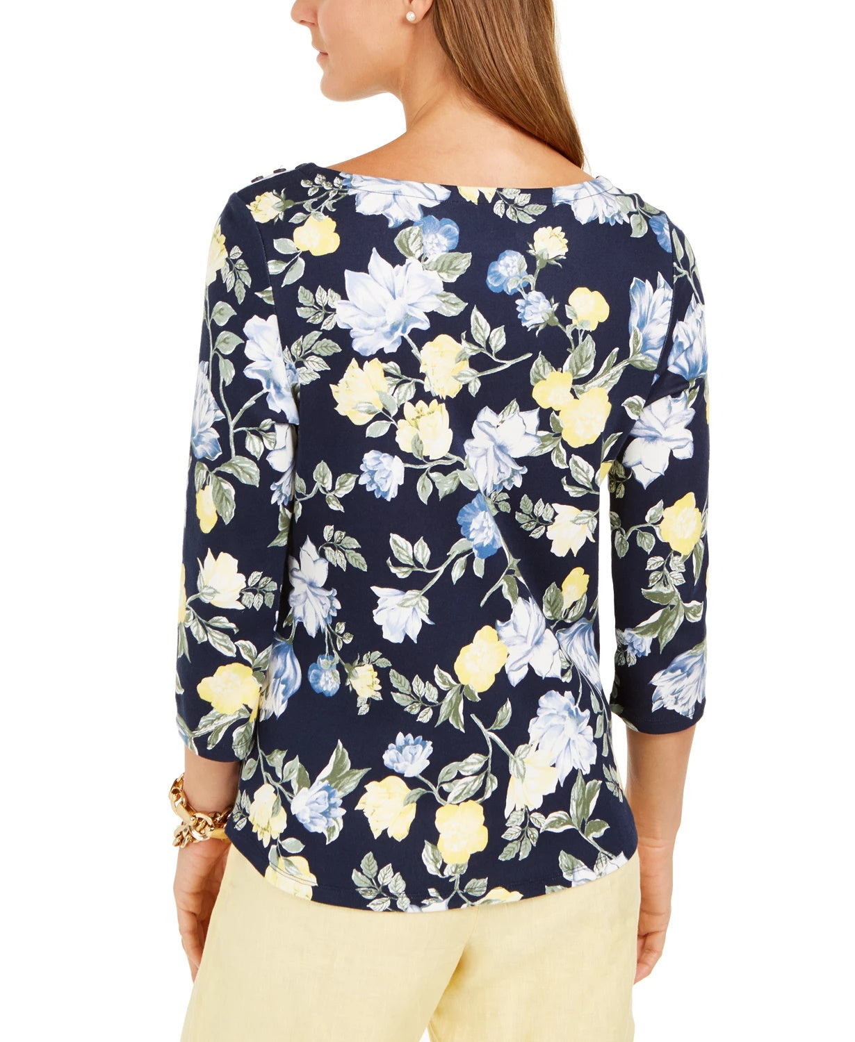 Charter Club Women's Floral Print Boat Neck Pima Cotton Top Blue Size Small