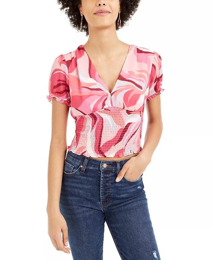 Bar III Women's Printed Smocked Top Red Size XX-Large