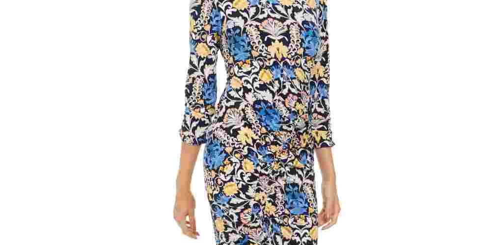 INC International Concepts Women's Printed Asymmetrical Linen Blend Midi Dress Blue Size Small