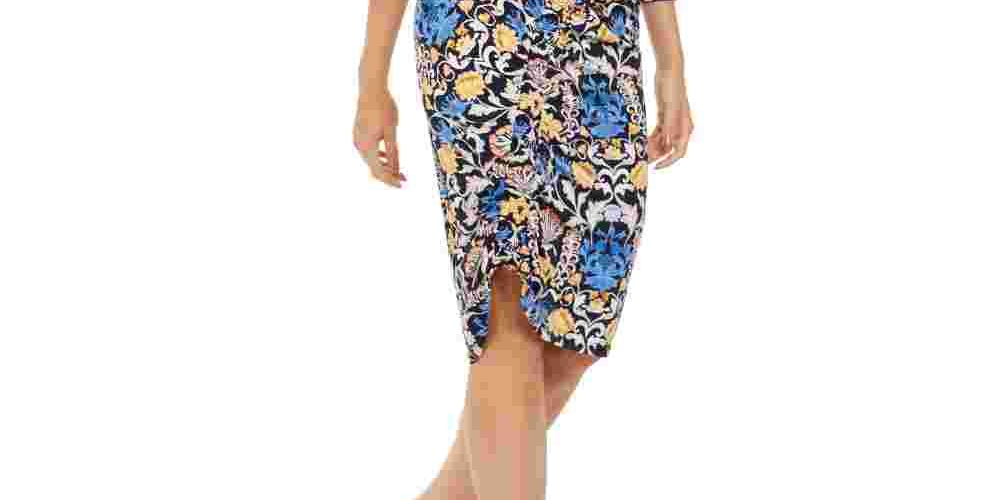 INC International Concepts Women's Printed Asymmetrical Linen Blend Midi Dress Blue Size Small
